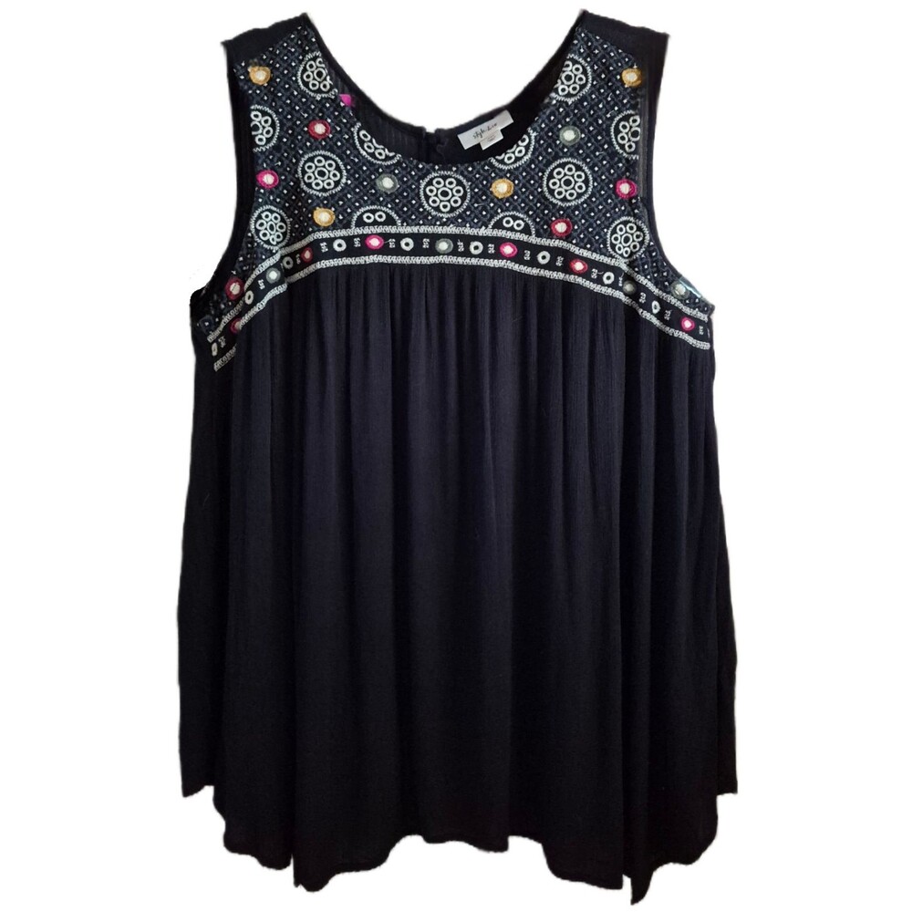 Style & Co Women's Blouse Size XXL Black Floral Boho Sheer Pullover Summer Tank